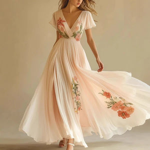 Women's V-neck Short-sleeved Digital Printing Positioning Long Dress