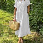 Loose Striped Short Sleeve Casual Cotton And Linen Dress