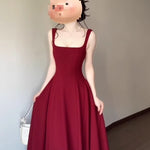 Red Slip Dress Women's Summer French Square Collar Sleeveless Collection