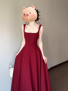 Red Slip Dress Women's Summer French Square Collar Sleeveless Collection