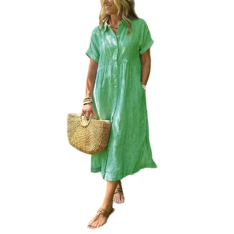 Loose Striped Short Sleeve Casual Cotton And Linen Dress