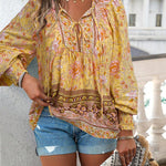 European And American Printed Shirt Women V-neck Long Sleeve Top