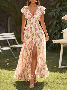 Short Sleeve V-neck Split Digital Printing Dress