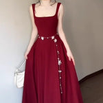 Red Slip Dress Women's Summer French Square Collar Sleeveless Collection