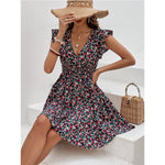 Small Floral Print High Waist Ruffles Dress