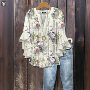 Women's Creative Printing Casual V-neck Lotus Sleeve T-shirt