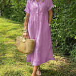 Loose Striped Short Sleeve Casual Cotton And Linen Dress