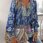 European And American Printed Shirt Women V-neck Long Sleeve Top