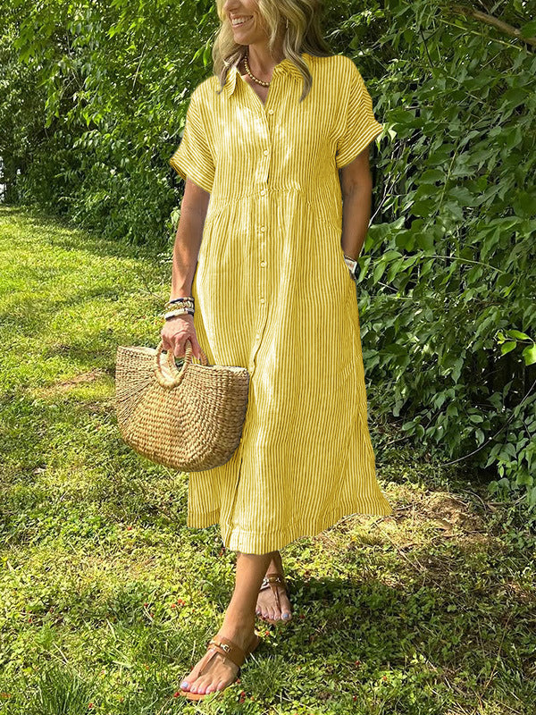 Loose Striped Short Sleeve Casual Cotton And Linen Dress