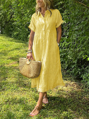 Loose Striped Short Sleeve Casual Cotton And Linen Dress