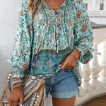European And American Printed Shirt Women V-neck Long Sleeve Top