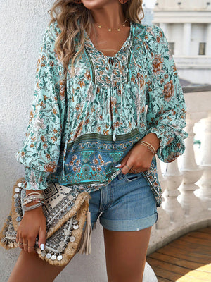 European And American Printed Shirt Women V-neck Long Sleeve Top