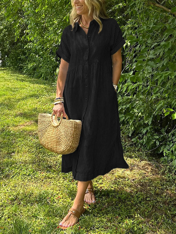 Loose Striped Short Sleeve Casual Cotton And Linen Dress