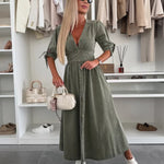 V-neck Short Sleeve Loose Denim Long Button Dress