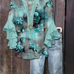 Women's Creative Printing Casual V-neck Lotus Sleeve T-shirt