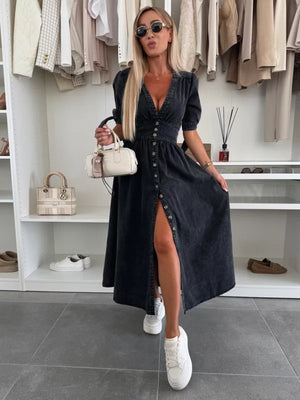 V-neck Short Sleeve Loose Denim Long Button Dress