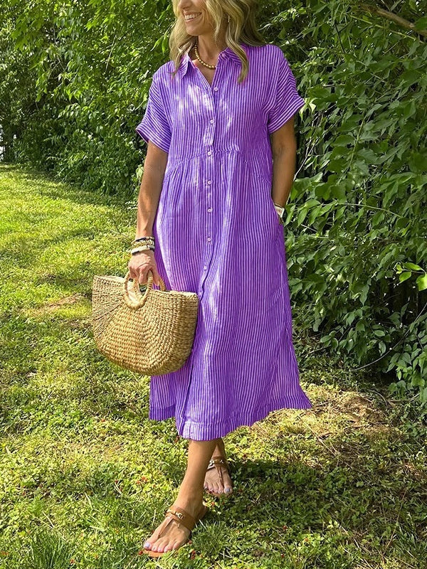 Loose Striped Short Sleeve Casual Cotton And Linen Dress