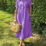 Loose Striped Short Sleeve Casual Cotton And Linen Dress