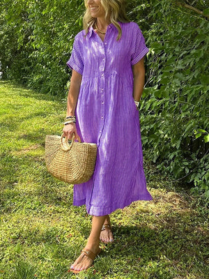 Loose Striped Short Sleeve Casual Cotton And Linen Dress