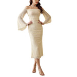 European And American-style Off-neck Lace Bell Sleeve Wooden Ear Slim-fit Long Dress