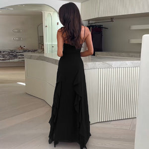 Strap Temperament V-neck Holiday Split Ruffled Dress