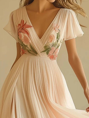 Women's V-neck Short-sleeved Digital Printing Positioning Long Dress