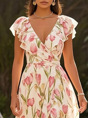 Short Sleeve V-neck Split Digital Printing Dress