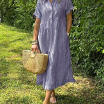 Loose Striped Short Sleeve Casual Cotton And Linen Dress