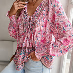 European And American Printed Shirt Women V-neck Long Sleeve Top