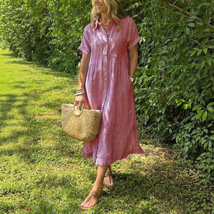 Loose Striped Short Sleeve Casual Cotton And Linen Dress
