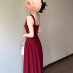 Red Slip Dress Women's Summer French Square Collar Sleeveless Collection