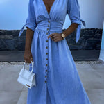 V-neck Short Sleeve Loose Denim Long Button Dress