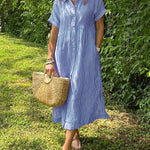 Loose Striped Short Sleeve Casual Cotton And Linen Dress